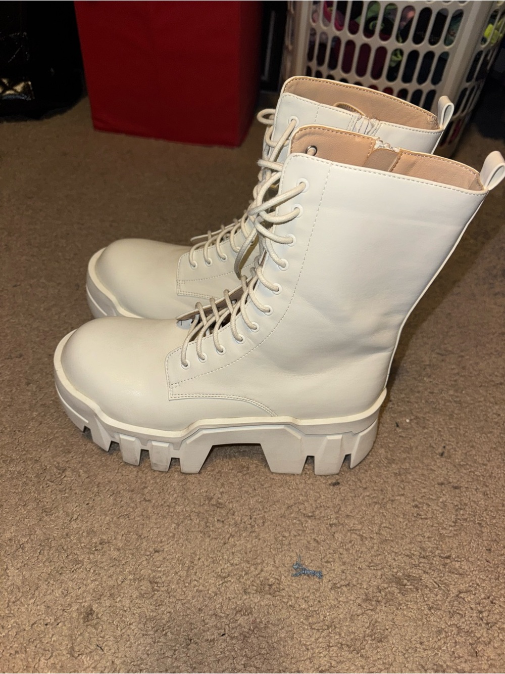Women's White Lace-Up Chunky Moto Combat Boots